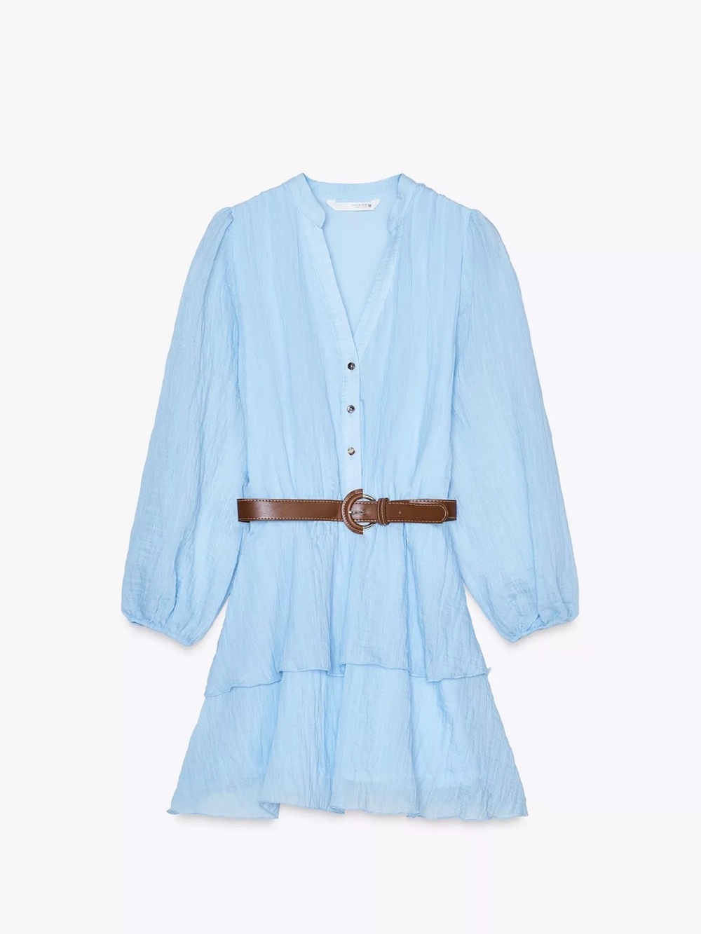 Zara Pale Blue Tiered V-Neck Mini Dress with Brown Belt